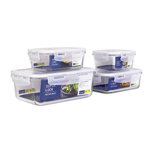 Super Lock Glass Set ชุดกล่องถนอมอาหารแก้ว รุ่น 6090-S08 ขนาด 350, 400, 800 และ 1,500 มล.