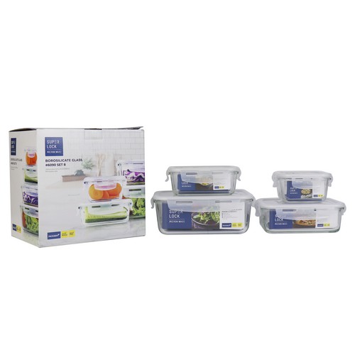 Super Lock Glass Set ชุดกล่องถนอมอาหารแก้ว รุ่น 6090-S08 ขนาด 350, 400, 800 และ 1,500 มล.