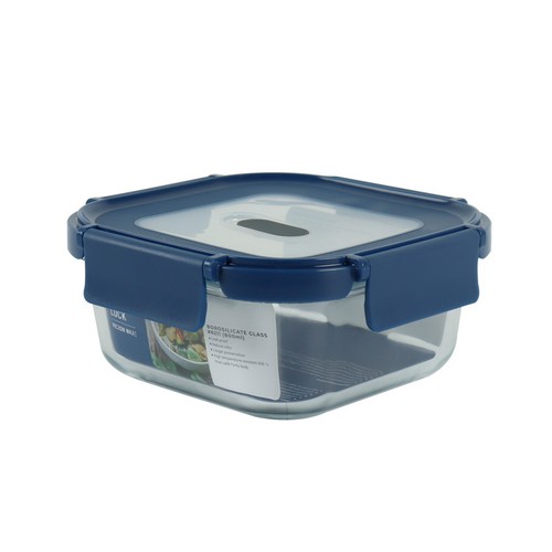 Glass food container กล่องแก้วถนอมอาหาร ทรงจตุรัส ล็อก 2 ชั้น ความจุ 520 มล. สีเทา เข้าไมโครเวฟได้ ทนความร้อนได้ดี รุ่น 6210