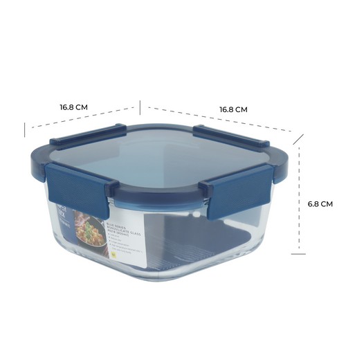 Glass food container [Blue series] กล่องแก้วถนอมอาหาร ทรงจตุรัส ความจุ 800 มล. ทนความร้อน 400 องศา รุ่น 6218