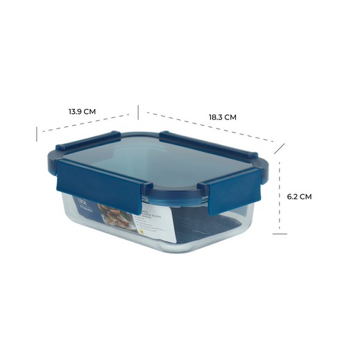 Glass food container [Blue series] กล่องแก้วถนอมอาหาร ทรงผืนผ้า ความจุ 640 มล. ทนความร้อน 400 องศา รุ่น 6220