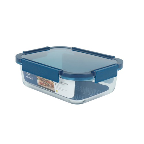 Glass food container [Blue series] กล่องแก้วถนอมอาหาร ทรงผืนผ้า ความจุ 1,520 มล. ทนความร้อน 400 องศา รุ่น 6222