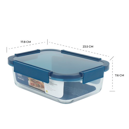 Glass food container [Blue series] กล่องแก้วถนอมอาหาร ทรงผืนผ้า ความจุ 1,520 มล. ทนความร้อน 400 องศา รุ่น 6222