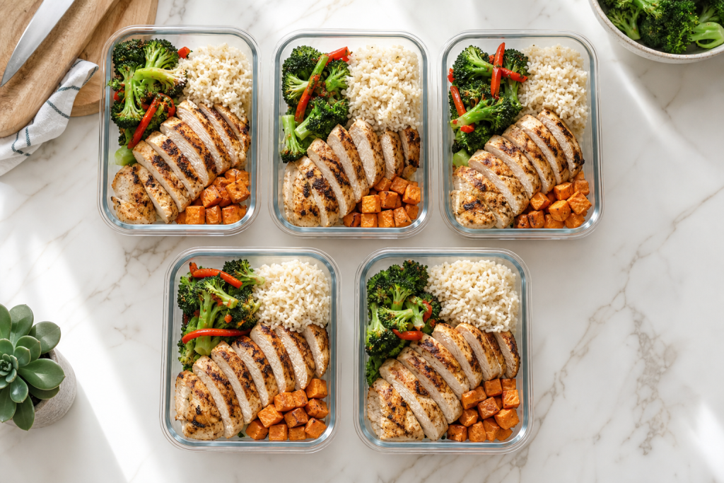 ภาพมุมบนของกล่องอาหาร 5 กล่องสำหรับ meal prep มีข้าว ไก่ ผัก และมันหวานบนเคาน์เตอร์ครัว