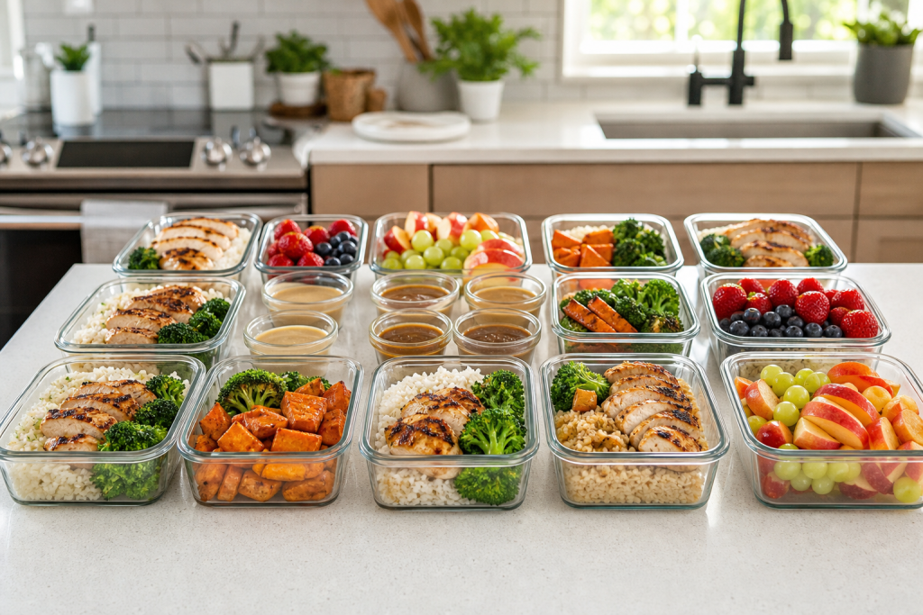 ชุดกล่องอาหาร meal prep จัดวางบนเคาน์เตอร์ครัวพร้อมอาหารสุขภาพหลายมื้อในแสงธรรมชาติ